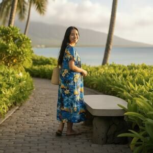 Vintage KY’S Hawaii Muumuu Dress Blue Tropical Surf Palm Plumeria Ruffle M